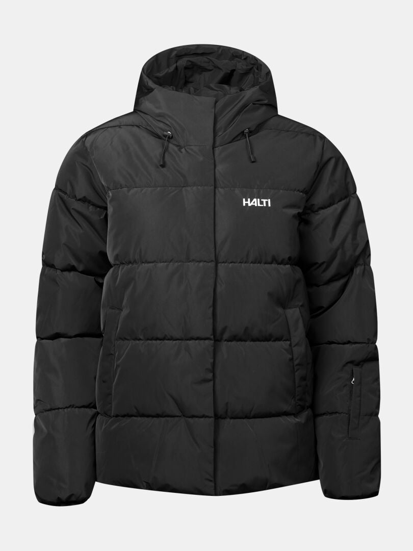 Halti Ascloud Women’s ski jacket—black, waterproof, hooded, front zipper, with logo on upper left chest.