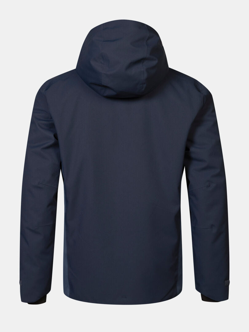 Back view of the Halti Recier DX Ski Jacket Men’s, a waterproof dark blue hooded ski jacket.