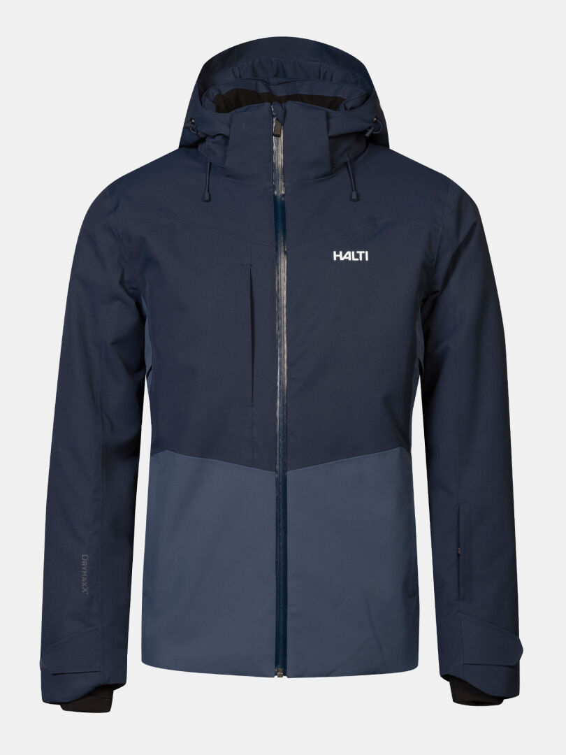 A dark blue Halti Recier DX Ski Jacket Men’s featuring a waterproof hood, full-length zipper, and vertical chest pocket.