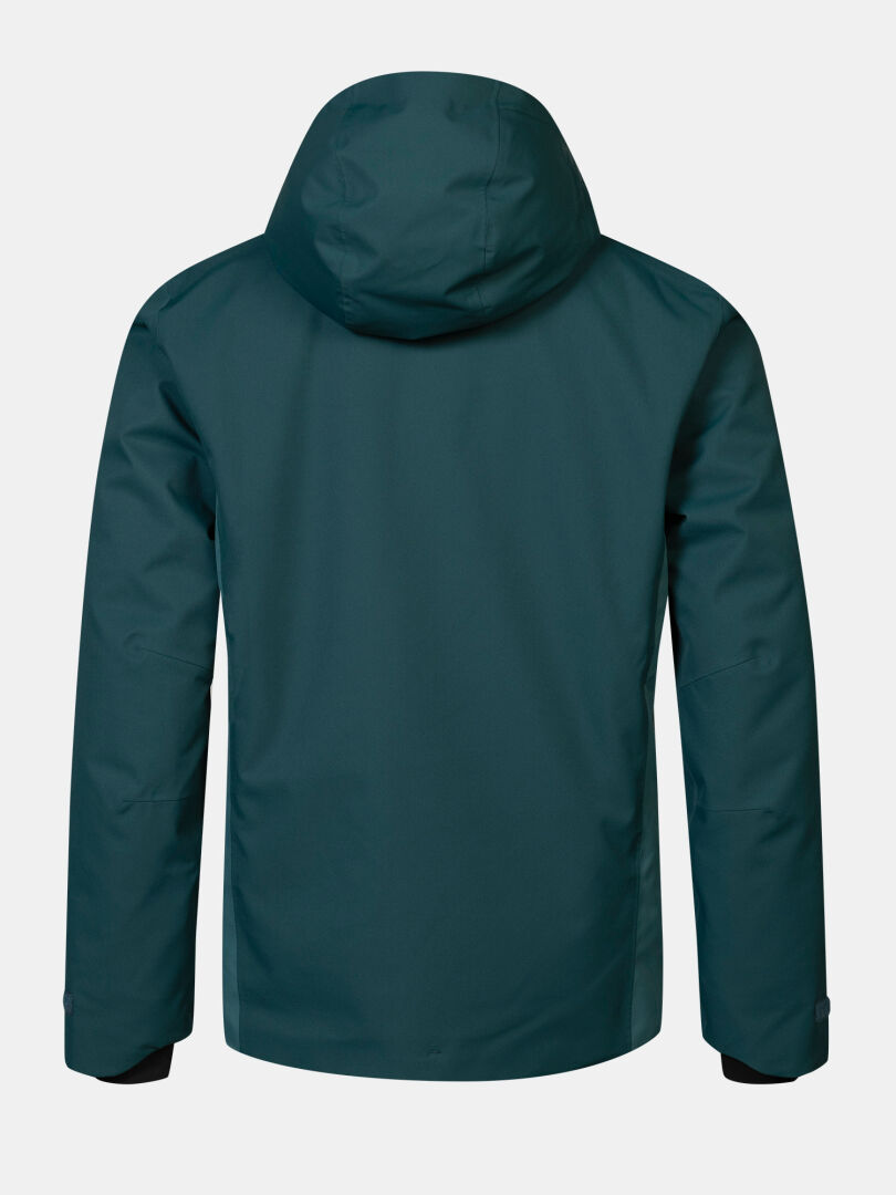 Back view of a dark teal, waterproof Halti Recier DX Ski Jacket Men’s with a hood.