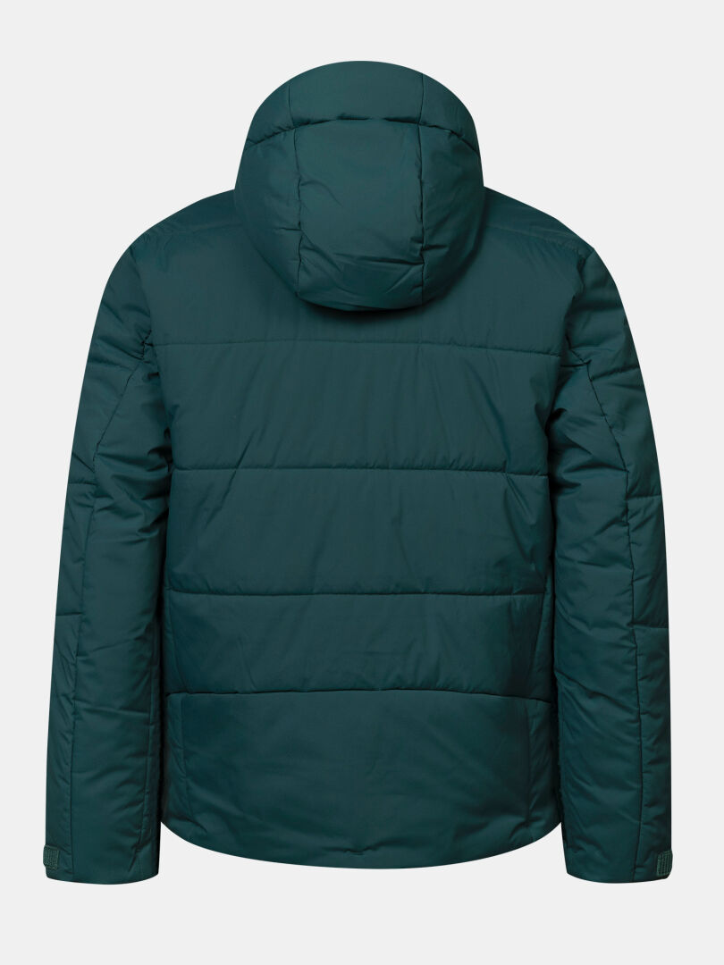 Halti Ascale II Men’s dark green hooded puffer ski jacket, waterproof, shown from the back on white background.