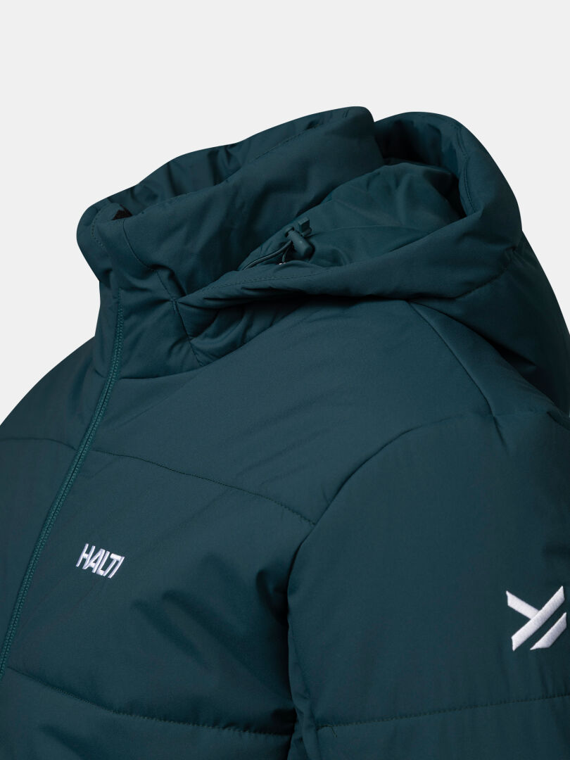 Halti Ascale II Men’s puffer ski jacket: dark green, hooded, zip front, white chest and sleeve logos.