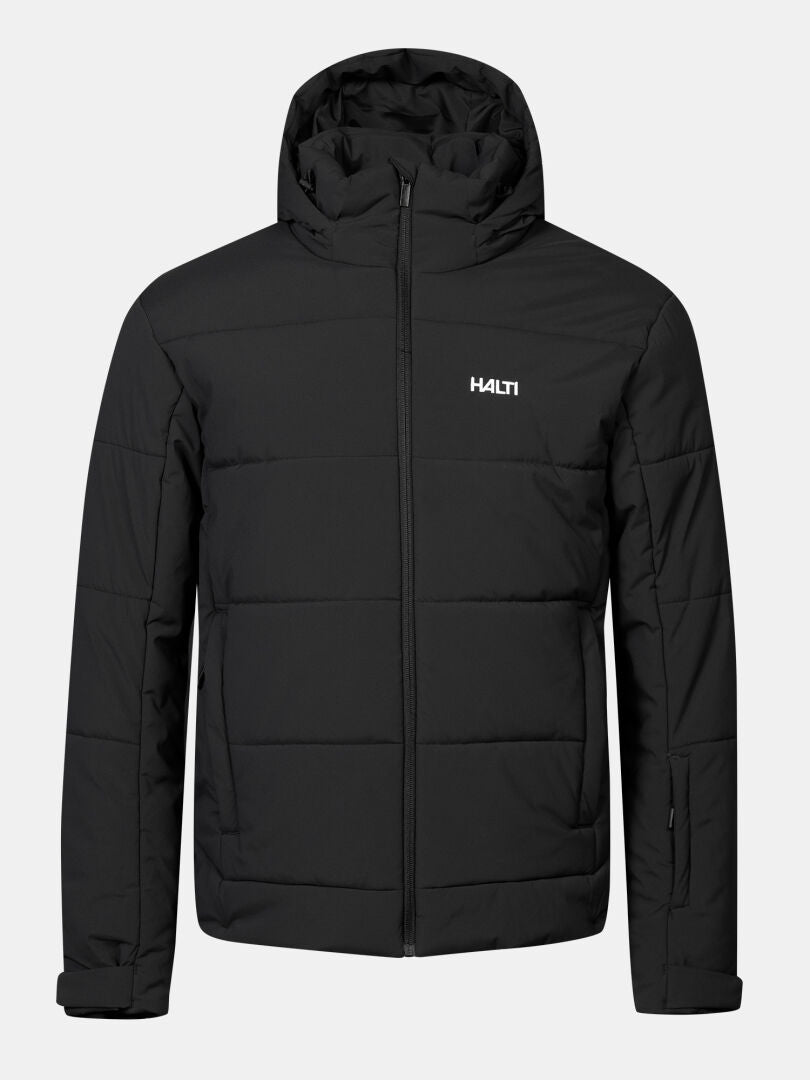 Halti Ascale II Men’s puffer ski jacket, black, with hood, front zipper, and logo on upper left chest.