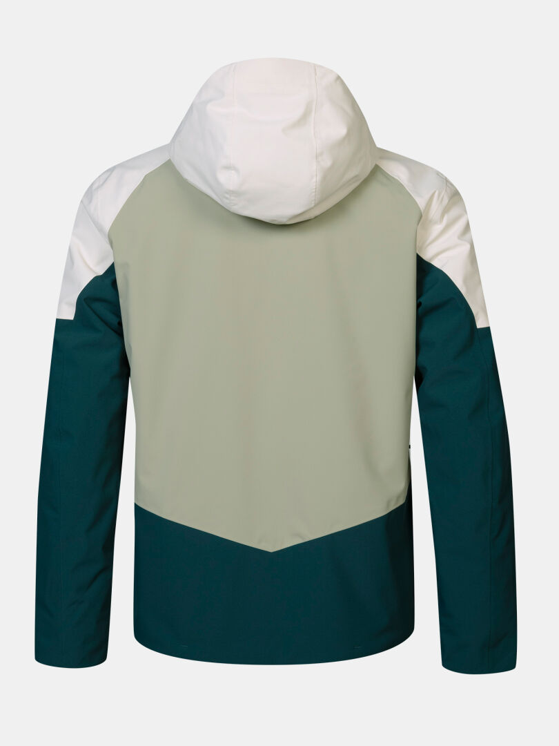 Back view of a Halti Melvik II DX Ski Jacket Men’s with a white hood and sleeves, sage green back, and dark teal panel.