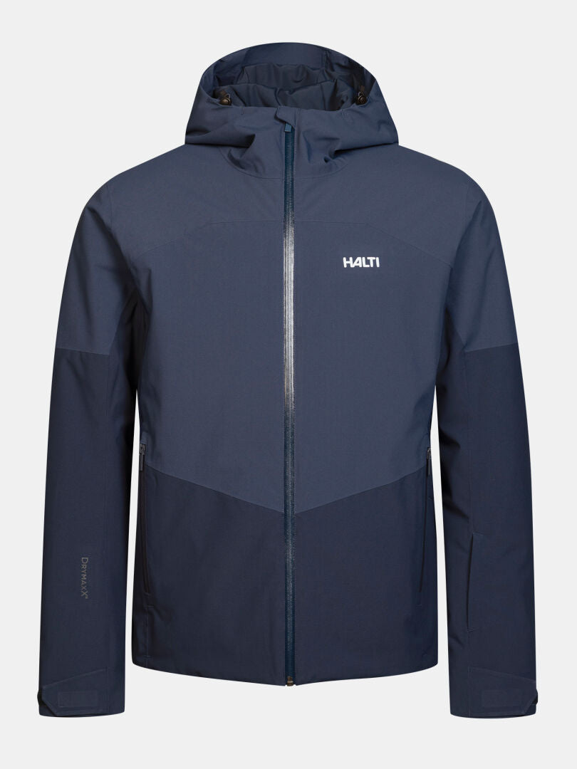 Navy blue Halti Melvik II DX Ski Jacket Men’s with a hood, zippered front, and chest logo.