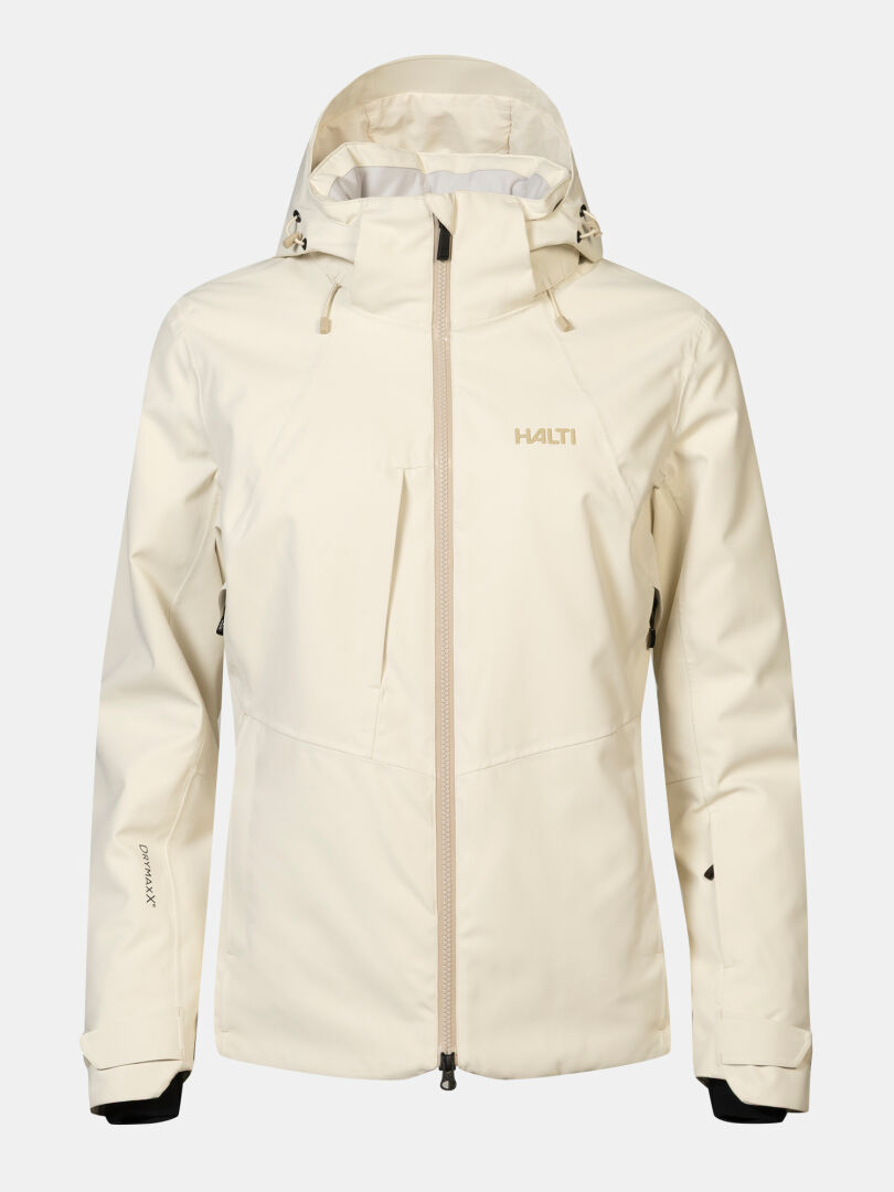 Off-white Halti Recier DX Ski Jacket Women’s with a front zipper and drawstrings at the hood.
