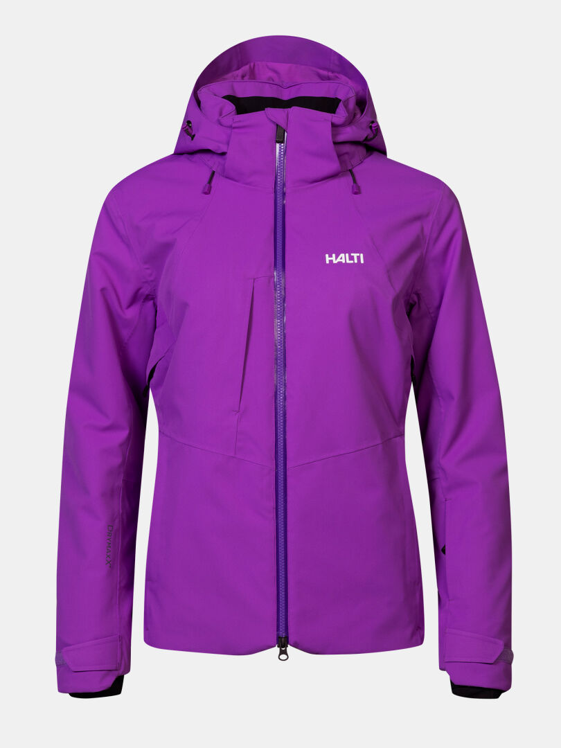 Purple Halti Recier DX Ski Jacket Women’s with a hood and a full-length front zipper.