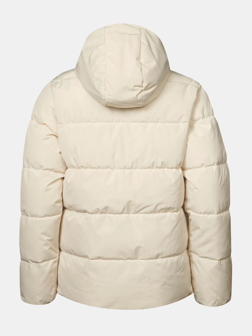 Back view of a cream-colored Halti Ascloud Puffer Ski Jacket Women’s Plus with a hood.