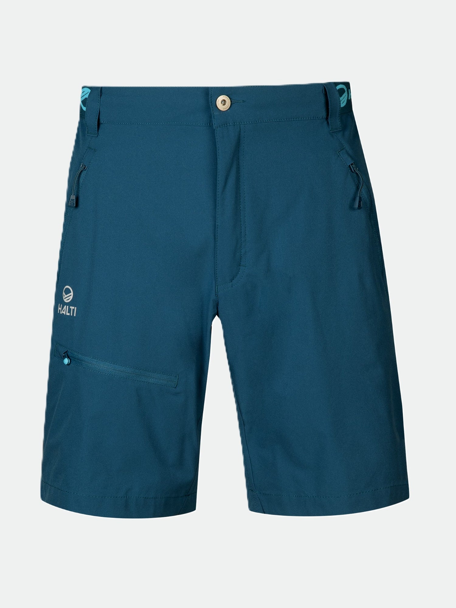 Halti Pallas Mens X-stretch Lite Shorts with zippered pockets, belt loops, and button closure on white background.