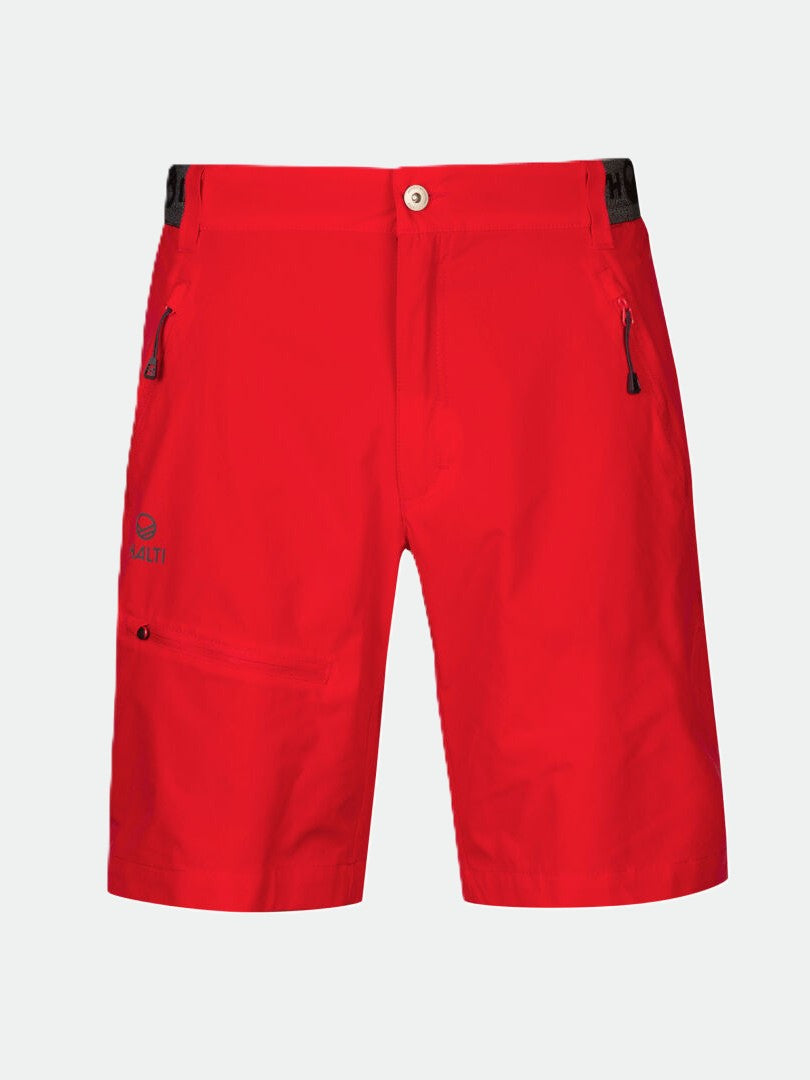 Halti Pallas Mens X-stretch Lite Shorts: bright red, stretchable, zippered pockets, button closure, front logo.
