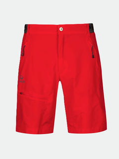 Halti Pallas Mens X-stretch Lite Shorts: bright red, stretchable, zippered pockets, button closure, front logo.
