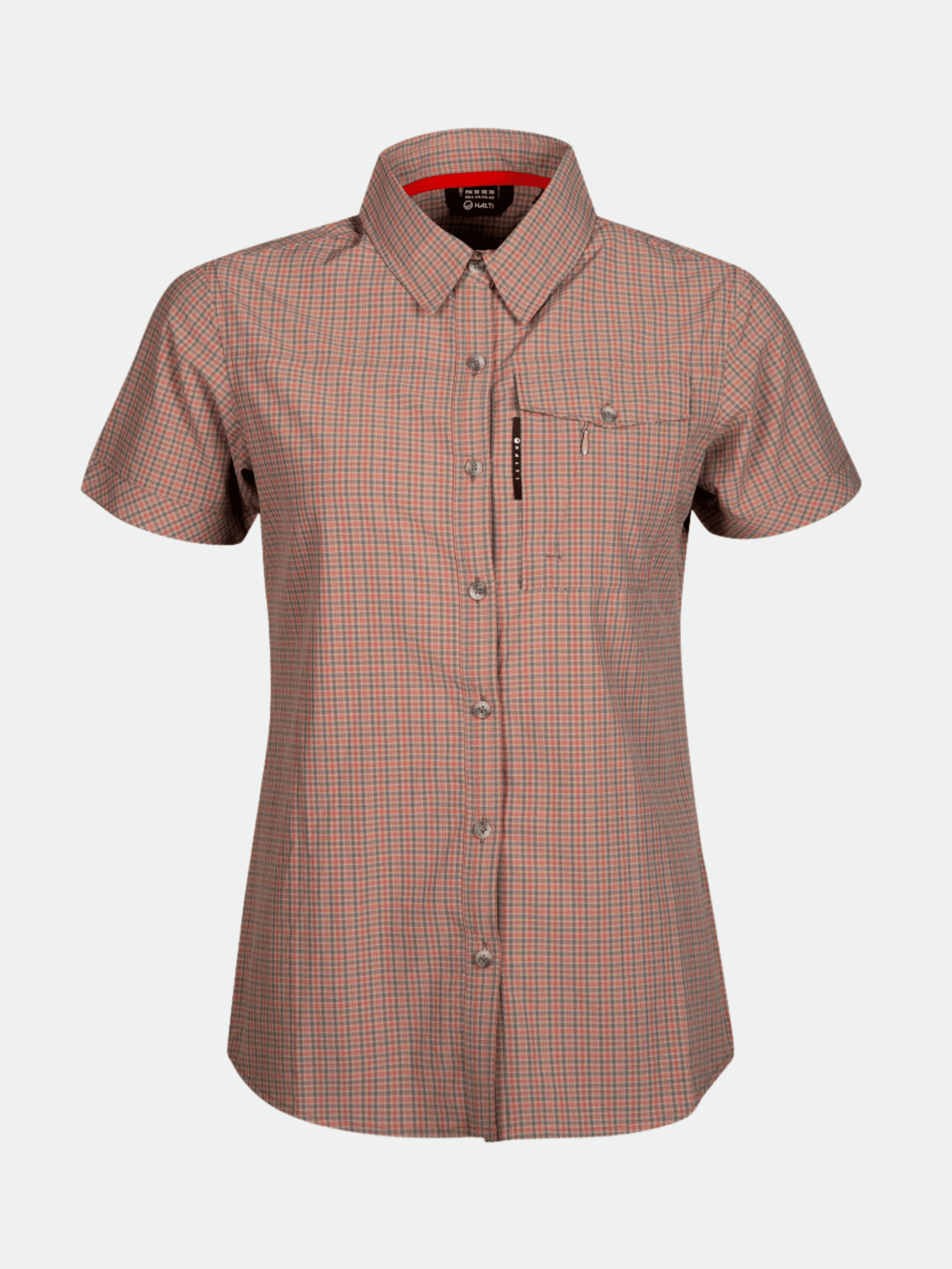 The Halti Leiri Womens Check Shirt is a short-sleeved, button-up top with a chest pocket and breathable Active Dry fabric.