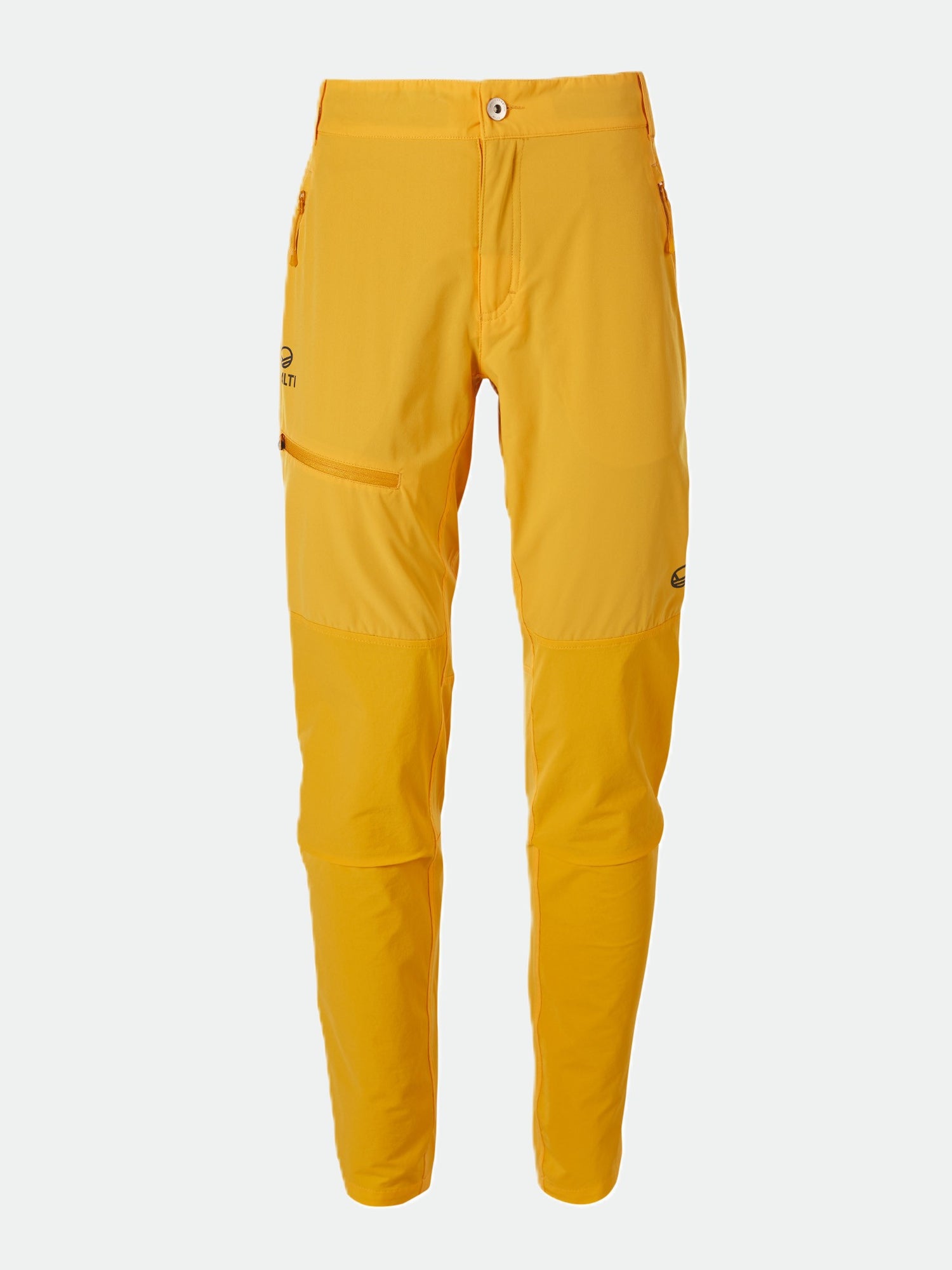 Halti Pallas Womens X-stretch Lite Pants in bright yellow, slim-fit with zippered pockets and reinforced knees.