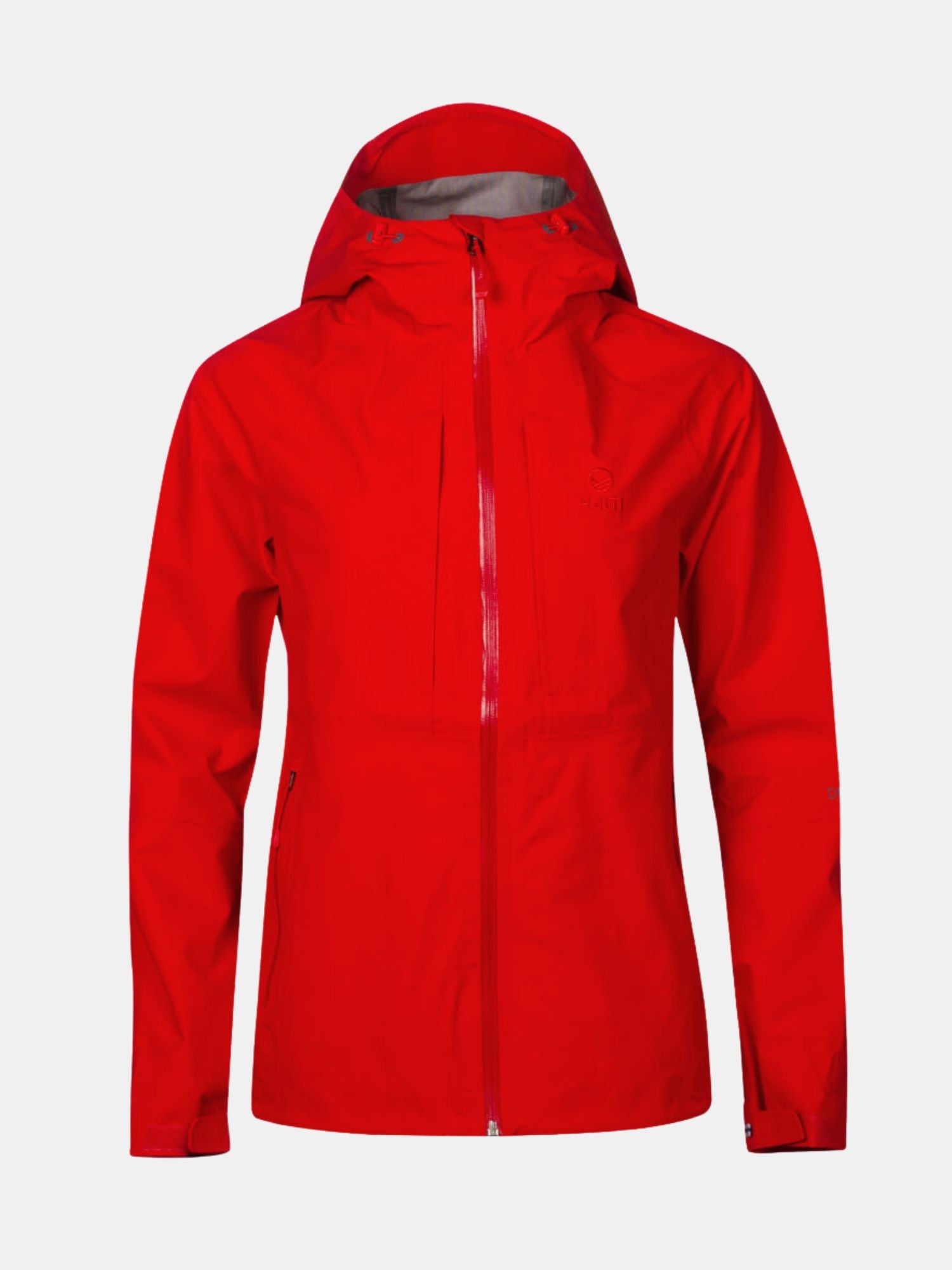 Halti Kaarna Womens DX 3L Shell Jacket in bright red with hood, zipper, pockets, and adjustable cuffs on plain background.
