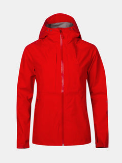 Halti Kaarna Womens DX 3L Shell Jacket in bright red with hood, zipper, pockets, and adjustable cuffs on plain background.
