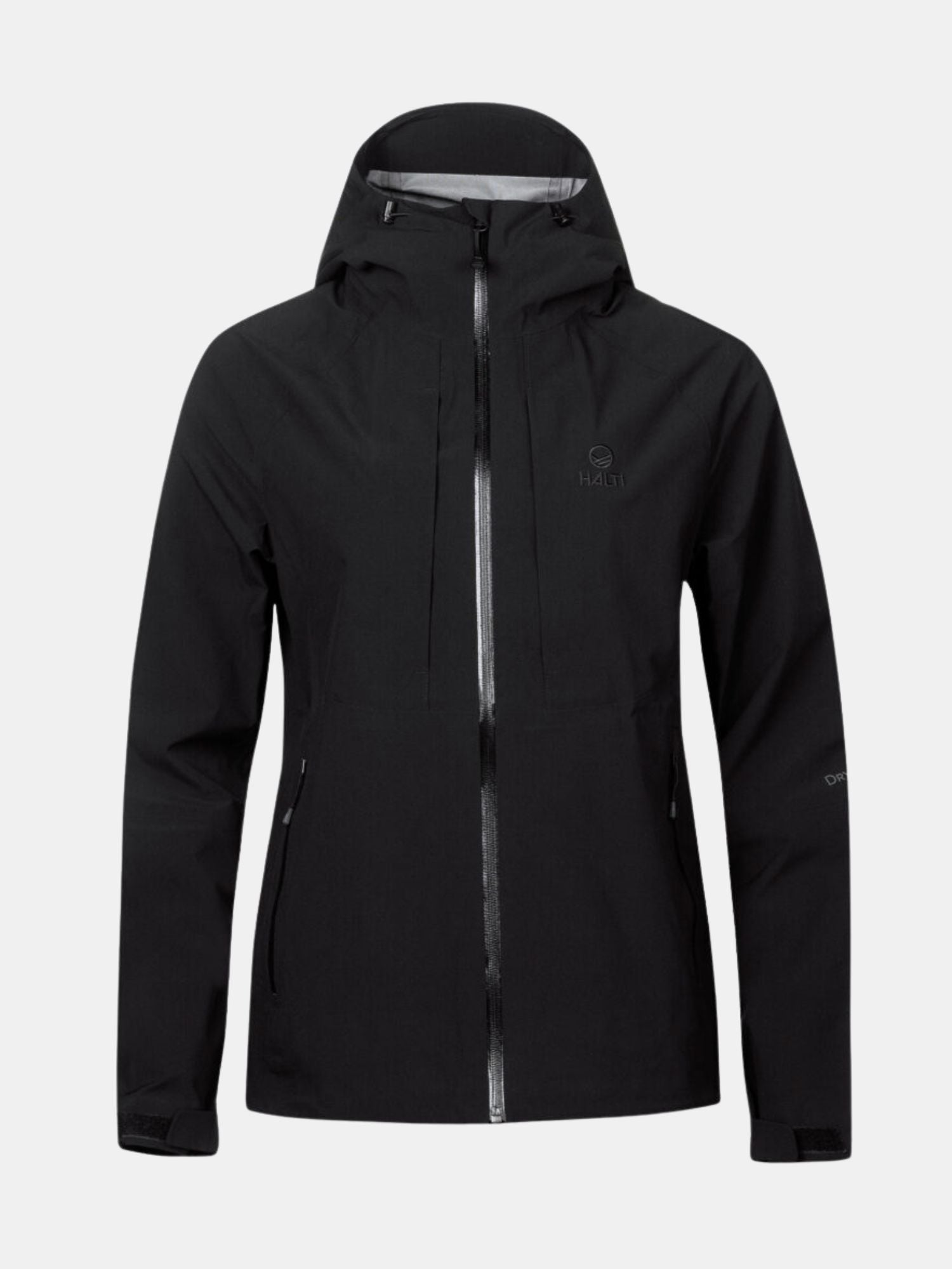 Halti Kaarna Womens DX 3L Shell Jacket in black is shown zipped, hooded, and facing forward against a plain background.