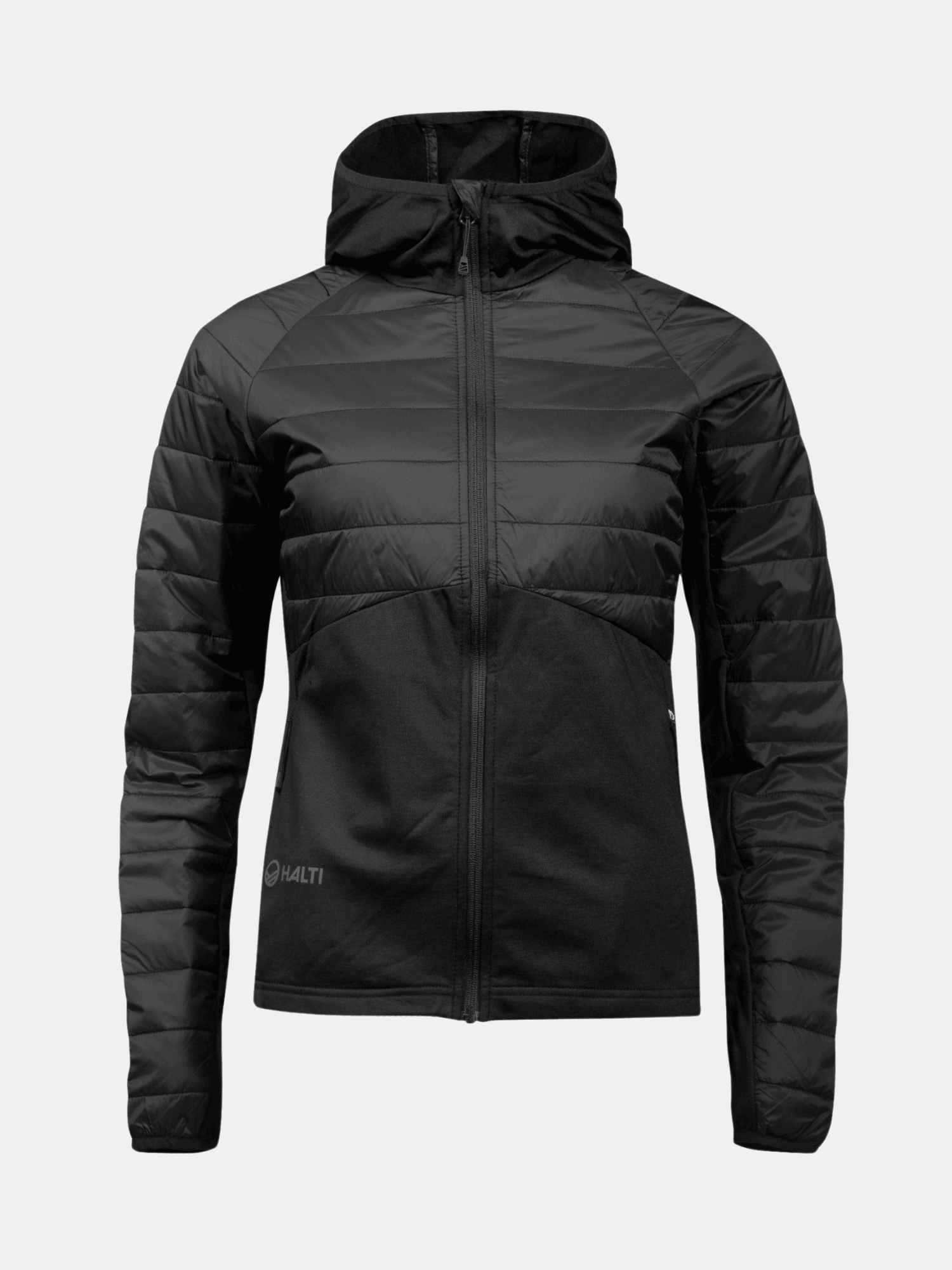 Halti Veidnes Women's Insulation Jacket: black, quilted sleeves, microtherm, zip-up hood, shown on white background.