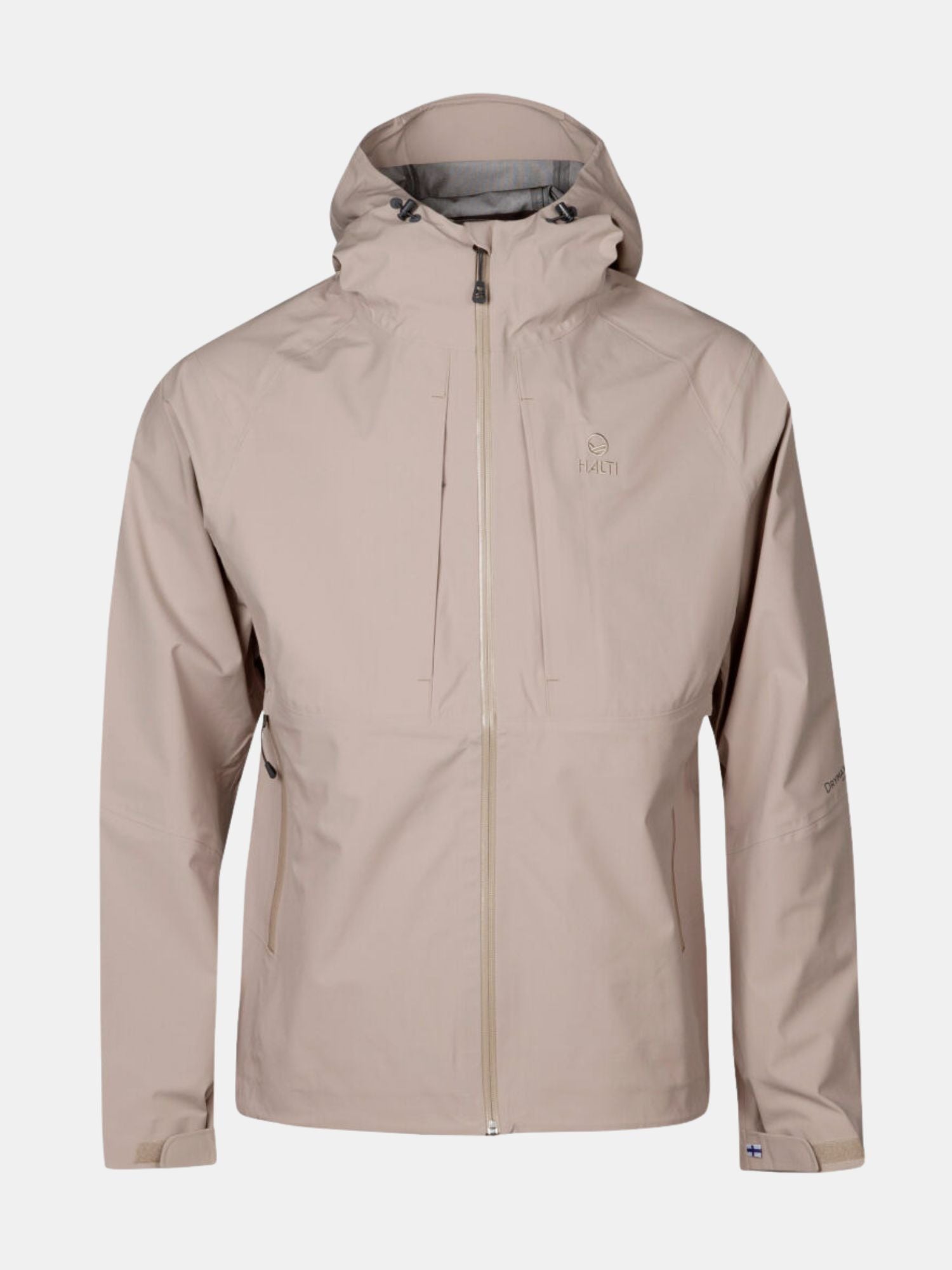 Halti Kaarna Mens DX 3L Shell Jacket in beige with chest pockets, front zipper, hood, and subtle left chest logo.