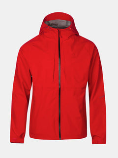 The Halti Kaarna Mens DX 3L Shell Jacket is bright red, waterproof, with a front zipper and two chest pockets.
