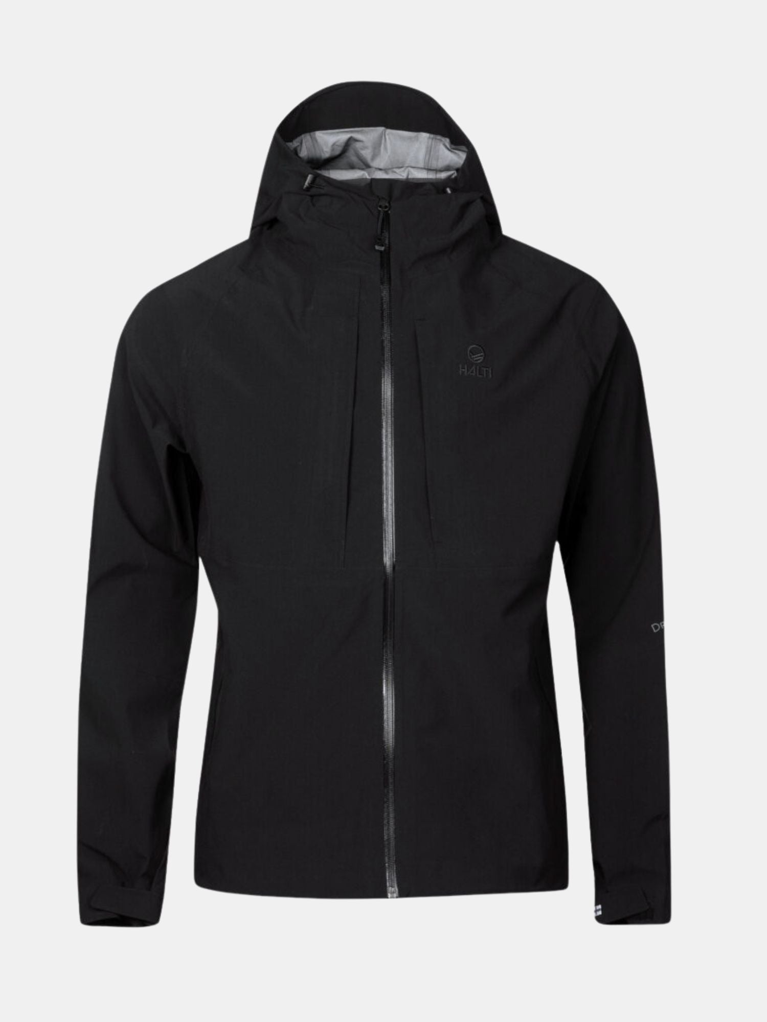 Halti Kaarna Mens DX 3L Shell Jacket in black with front zipper and chest pockets, shown on a plain light background.
