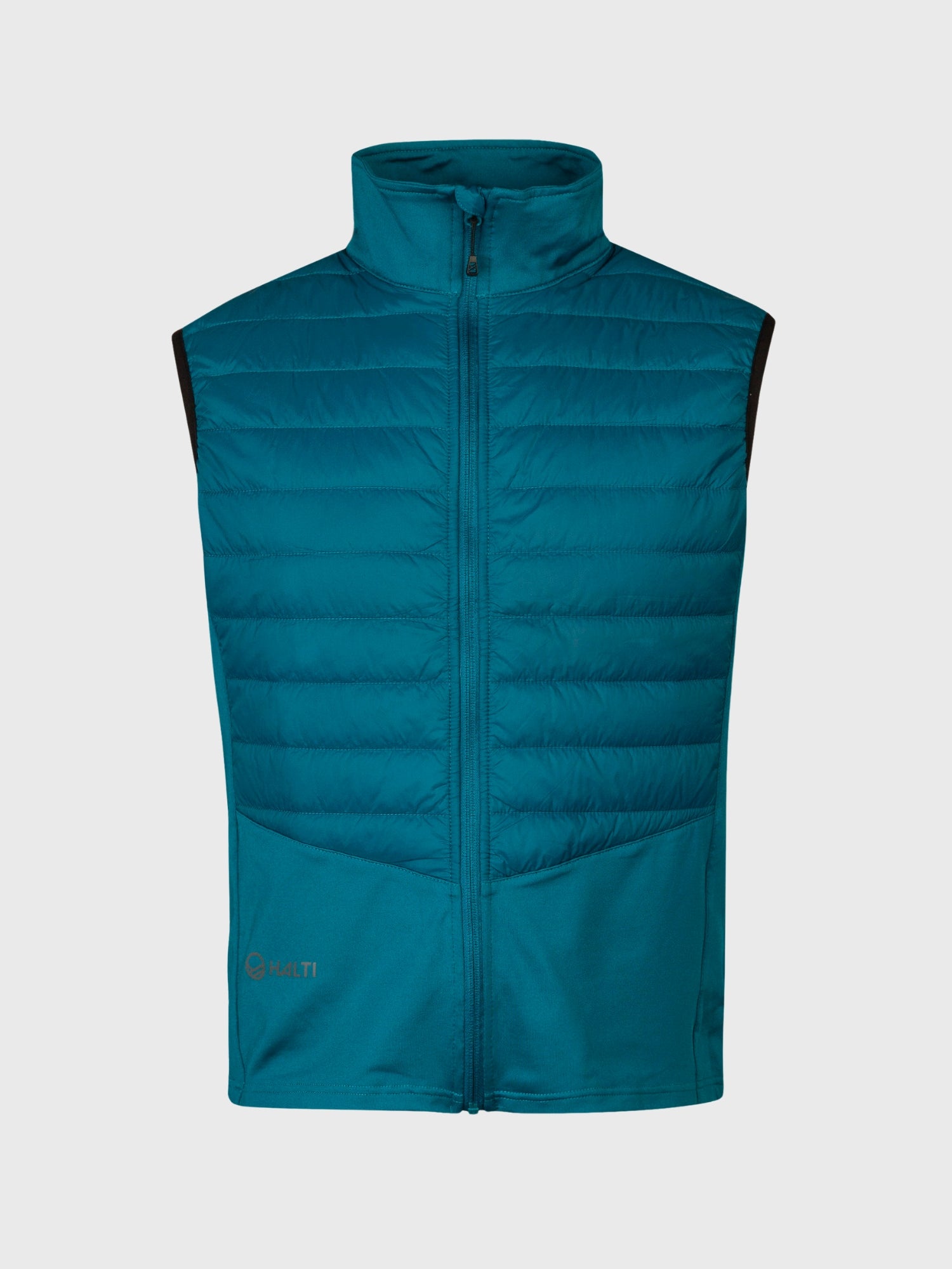 Halti Veidnes men's insulated vest in teal blue with microtherm padding, front zipper, high collar, and logo.