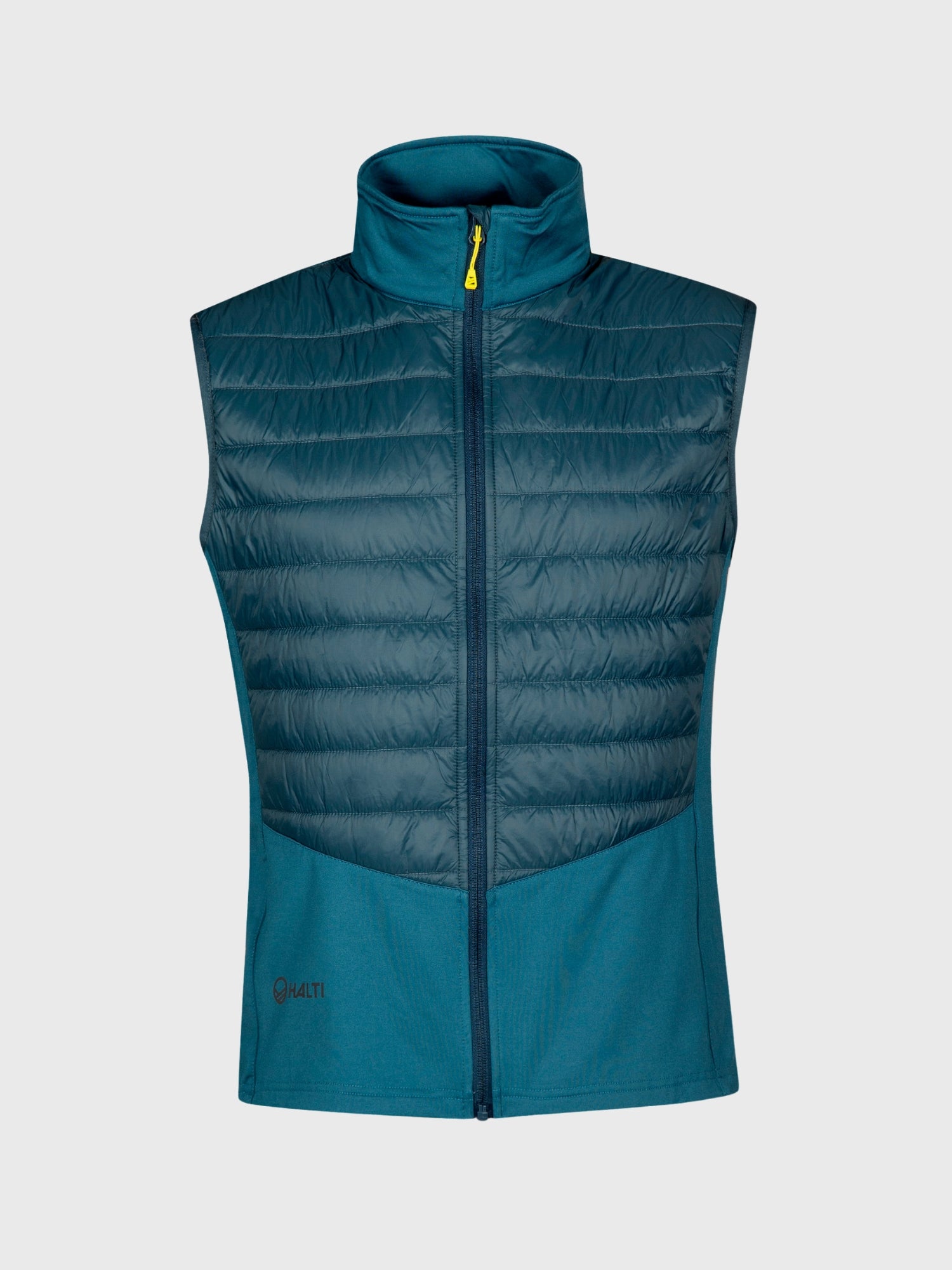 The Halti Veidnes Men's Insulation Vest features microtherm padding, a front zipper, and a high collar in teal.