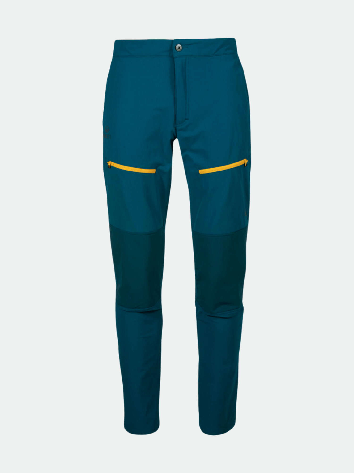 Halti Pallas II Men's Warm X-stretch Pants in teal with yellow zippered thigh pockets and reinforced knees.