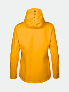 The Halti Juonto DrymaxX Shell Jacket Womens in yellow is waterproof, shown from the back with Halti on the hood.