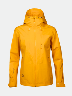 The Halti Juonto DrymaxX Shell Jacket for women in yellow, with zip front and pockets, on a light grey background.