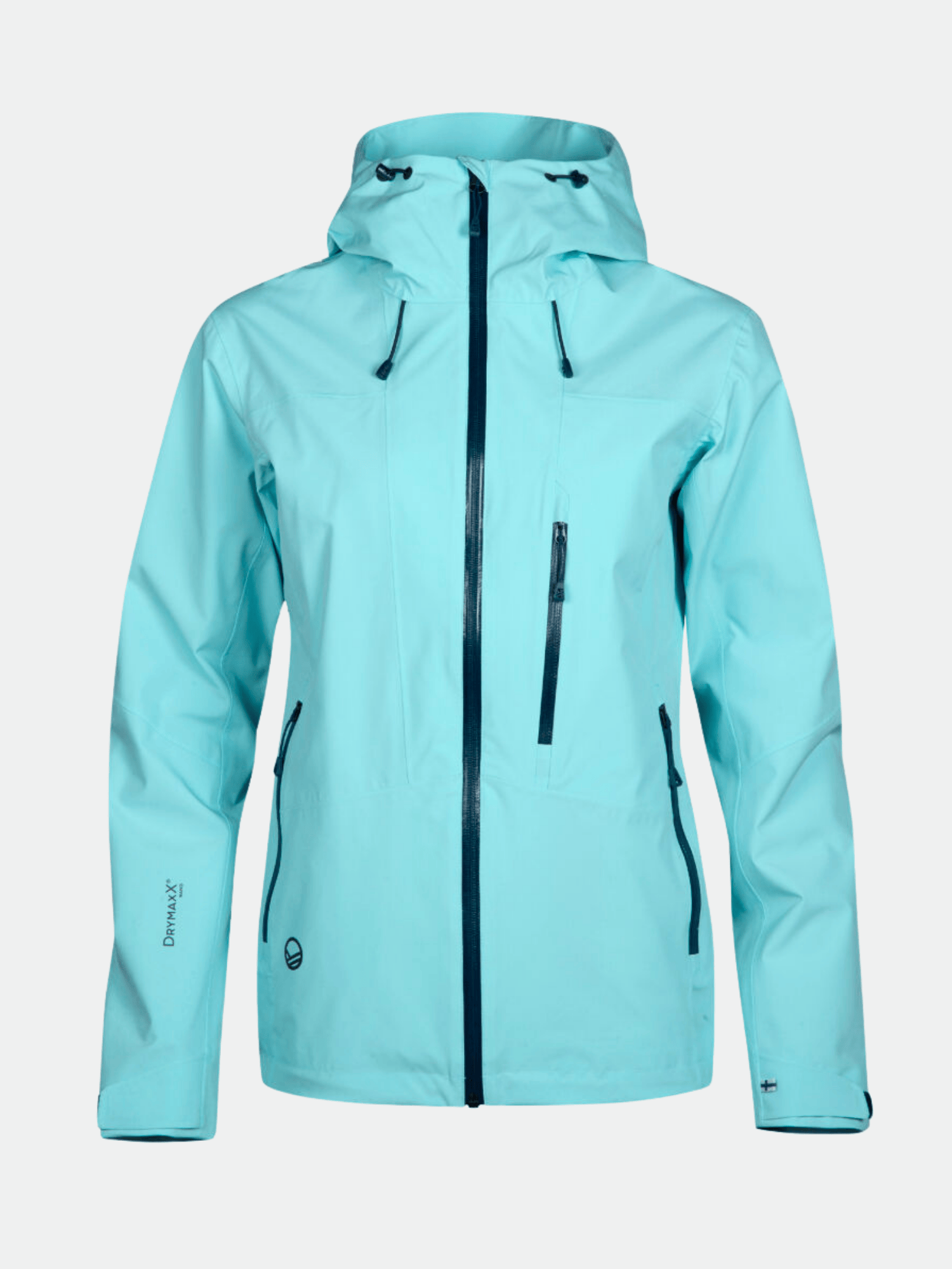 Halti Juonto DrymaxX Womens shell jacket in light blue with hood, waterproof fabric, and black zip details.