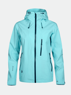 Halti Juonto DrymaxX Womens shell jacket in light blue with hood, waterproof fabric, and black zip details.
