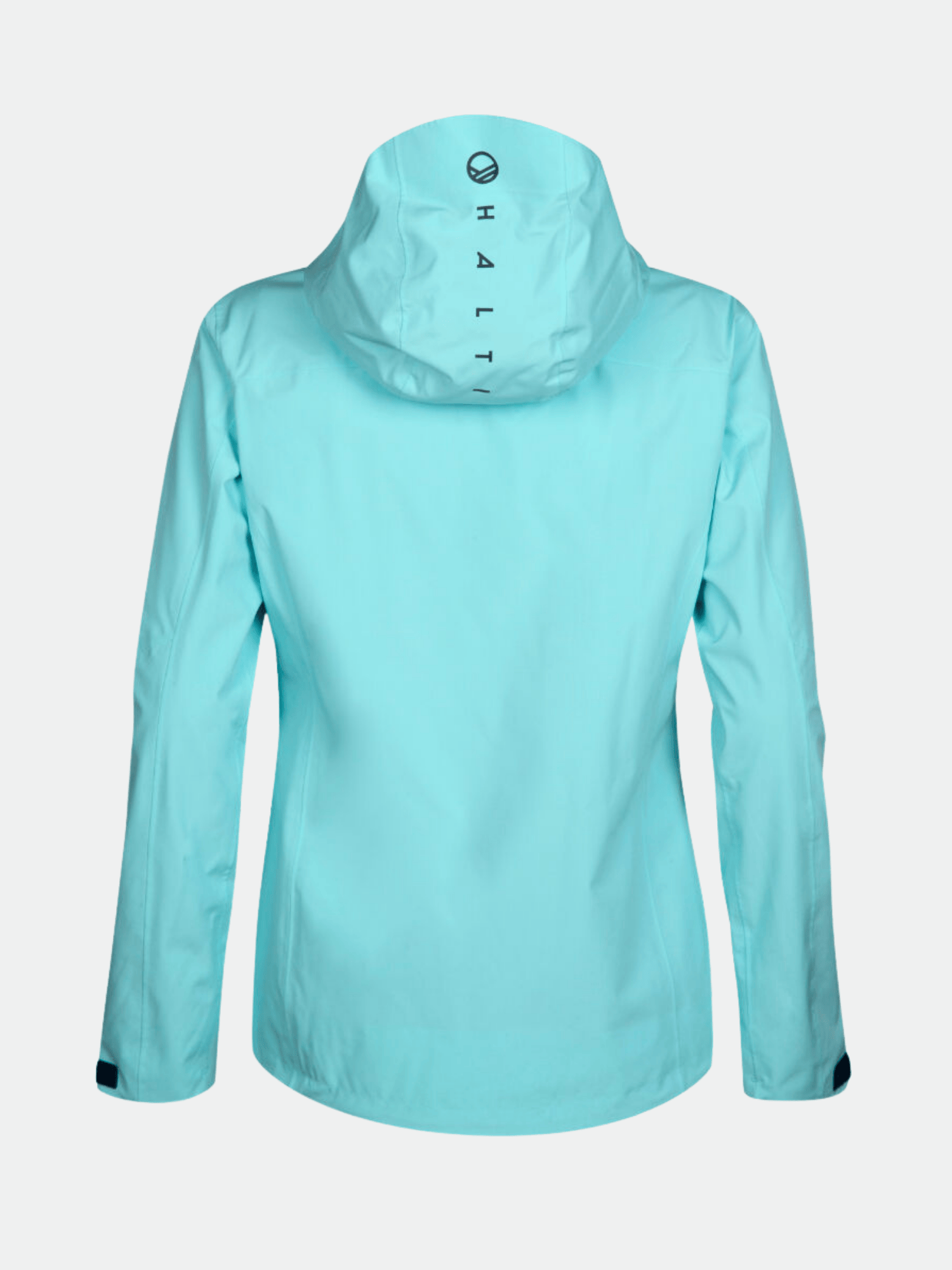 The Halti Juonto DrymaxX Shell Jacket Womens in light blue, shown from the back with logo on the hood.