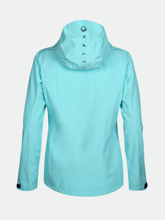 The Halti Juonto DrymaxX Shell Jacket Womens in light blue, shown from the back with logo on the hood.