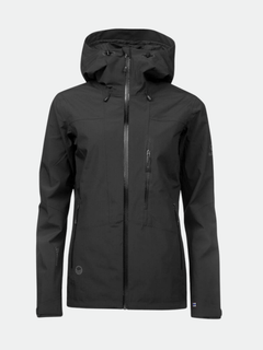 The Halti Juonto DrymaxX Shell Jacket Womens, black with multiple pockets and hood, shown on a light gray background.