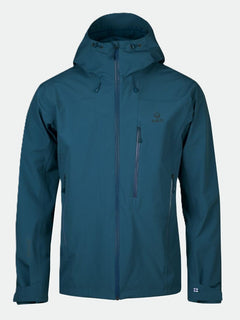 Halti Juonto DrymaxX mens shell jacket in teal with hood, front zipper, and three zip pockets on a plain background.