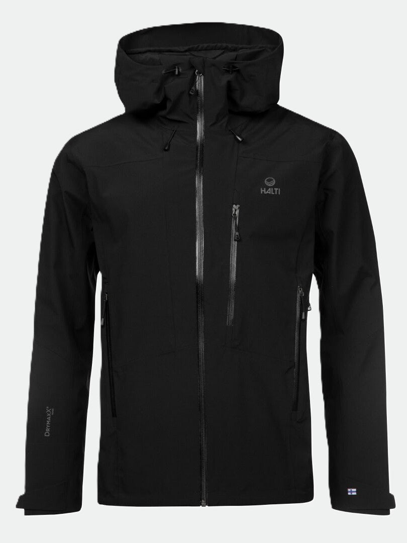 Halti Juonto DrymaxX black mens shell jacket with zippered pockets, shown on a light grey background.