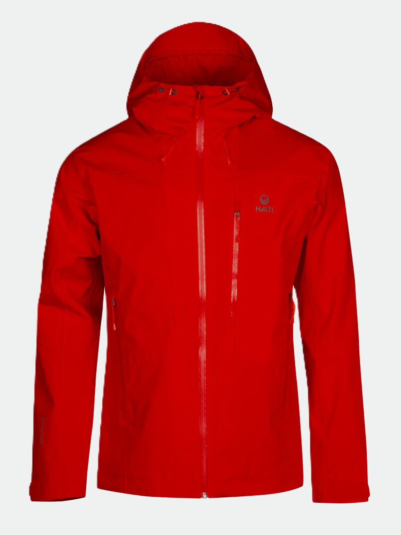 Halti Juonto DrymaxX mens shell jacket, bright red with hood, waterproof, breathable, zip chest & side pockets.