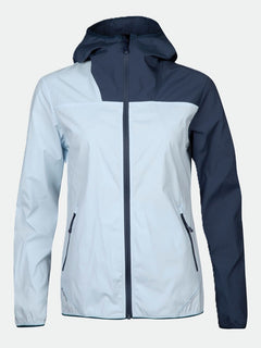 Halti Pallas Womens Lite X-stretch jacket: light & dark blue, front zipper, 2 zip pockets, breathable material.