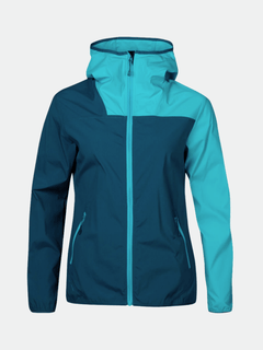 The Halti Pallas Womens Lite X-stretch jacket offers breathable comfort with a two-tone blue design and zip pockets.