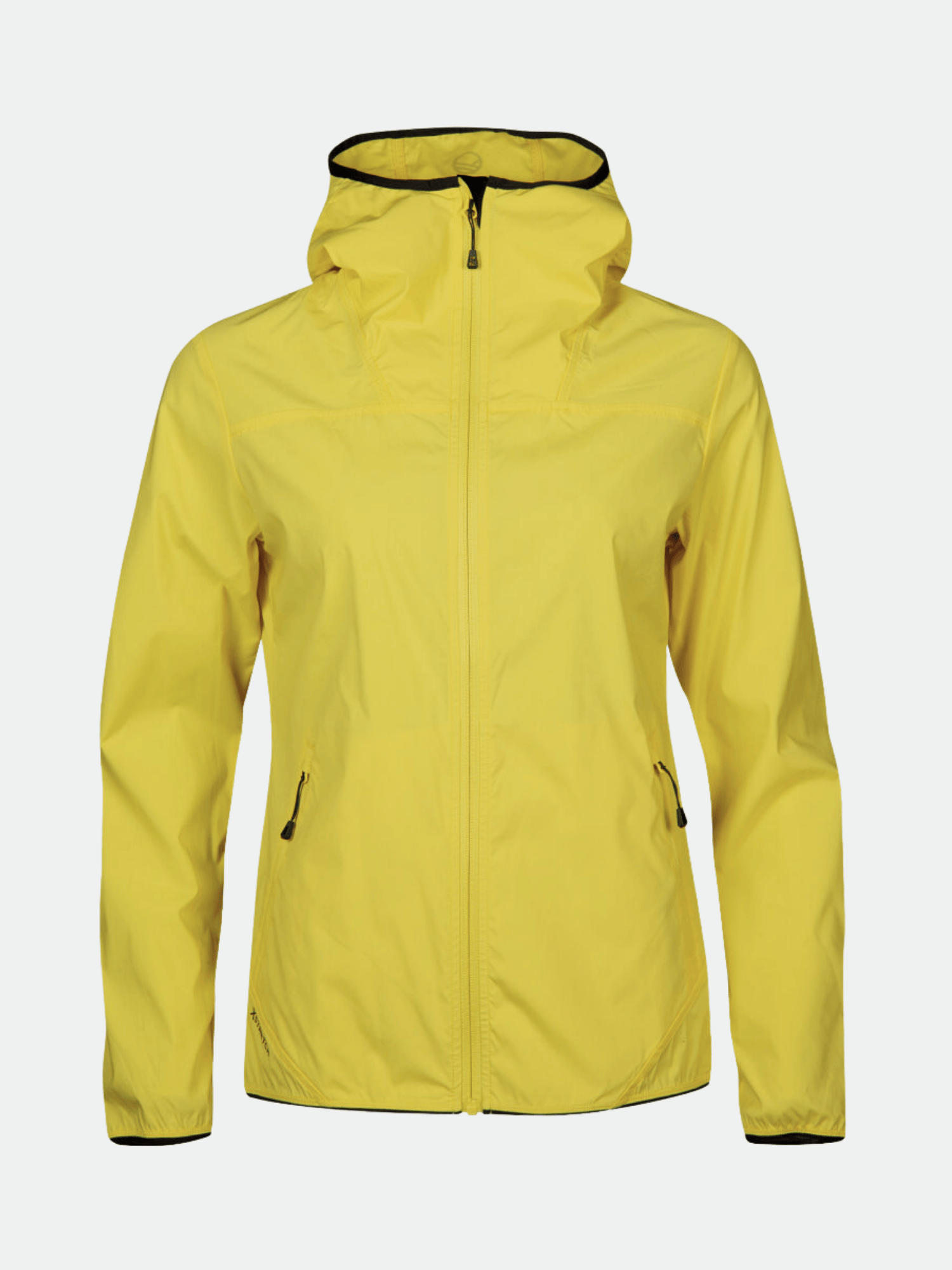 Halti Pallas Womens Lite X-stretch yellow jacket with front zipper and zippered side pockets on white background.