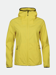 Halti Pallas Womens Lite X-stretch yellow jacket with front zipper and zippered side pockets on white background.