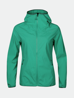Halti Pallas Womens Lite X-stretch jacket: green, hooded, zip-up, zip pockets—ideal for outdoor adventures.
