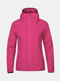 The Halti Pallas Womens Lite X-stretch jacket in bright pink features a front zipper and side pockets on a white background.