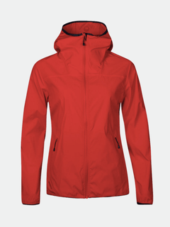 The Halti Pallas Womens Lite X-stretch jacket in red features a front zipper and side zip pockets, shown on a plain background.