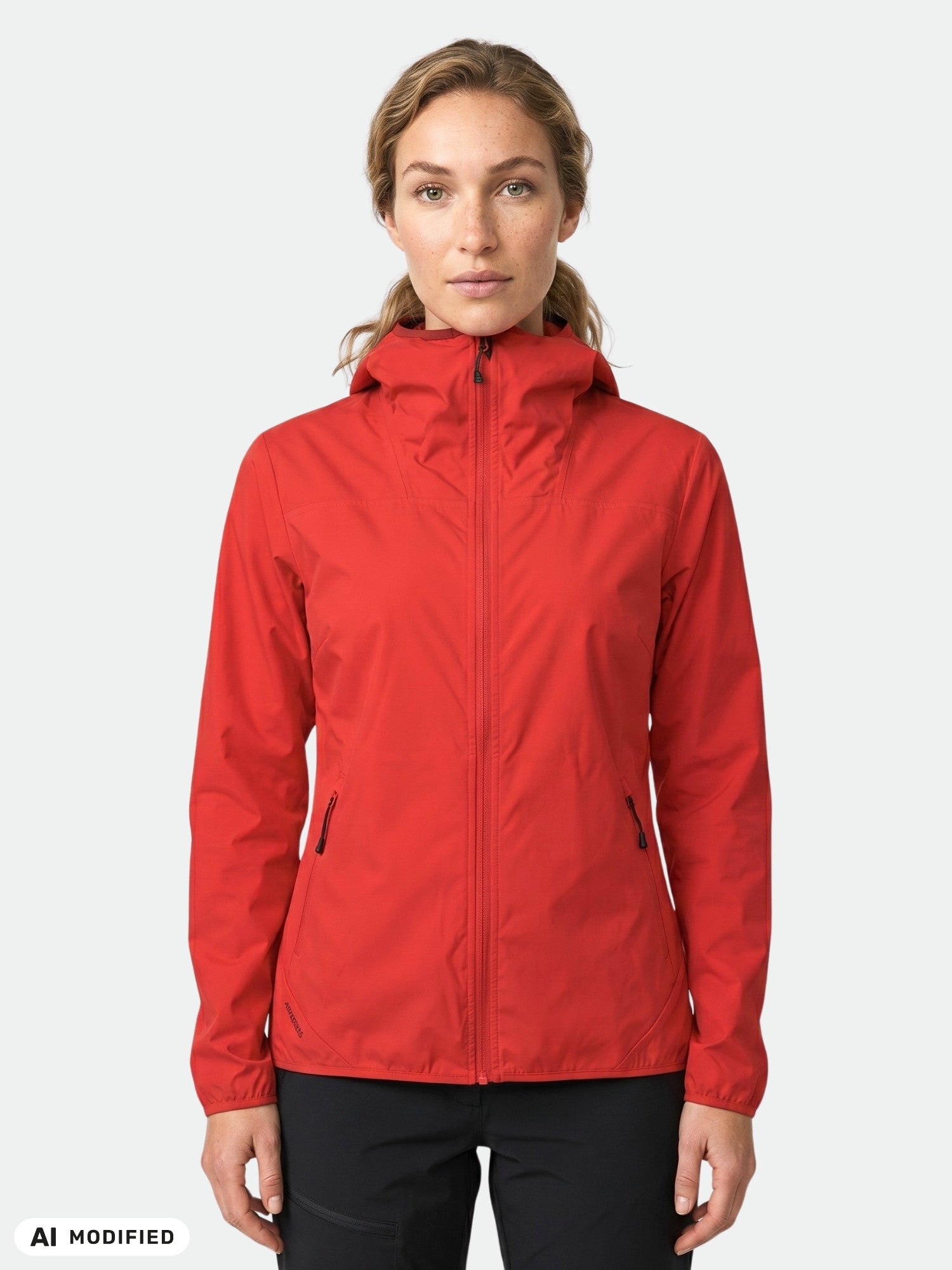 A woman wears a Halti Pallas Lite X-stretch women's jacket in red and black pants against a plain light background.