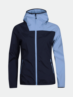 The Halti Pallas Womens Lite X-stretch jacket features light and dark blue panels, shown zipped up on a plain background.