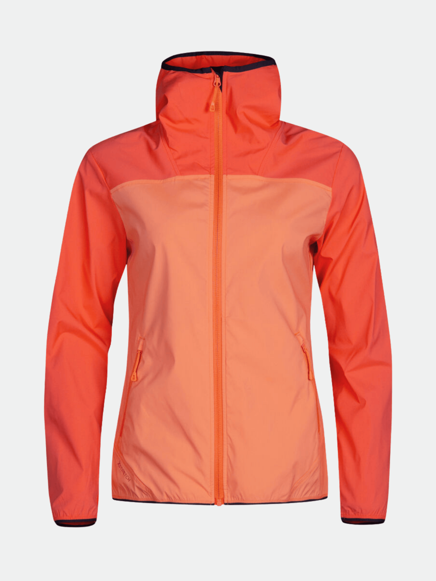 Halti Pallas Womens Lite X-stretch jacket in two-tone orange with hood, front zipper, and zippered pockets.