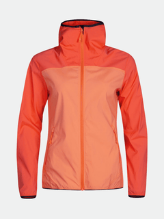 Halti Pallas Womens Lite X-stretch jacket in two-tone orange with hood, front zipper, and zippered pockets.