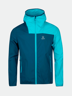 The Halti Pallas Mens Lite X-stretch jacket in blue/turquoise features a hood, front zipper, and two zip pockets.