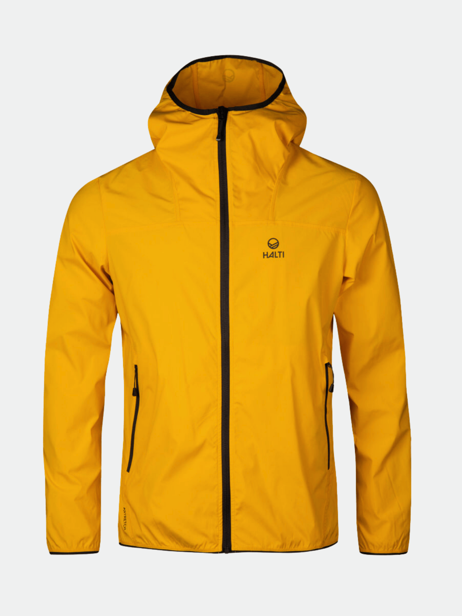 The Halti Pallas Mens Lite X-stretch jacket in yellow with black zippers, shown against a plain background.